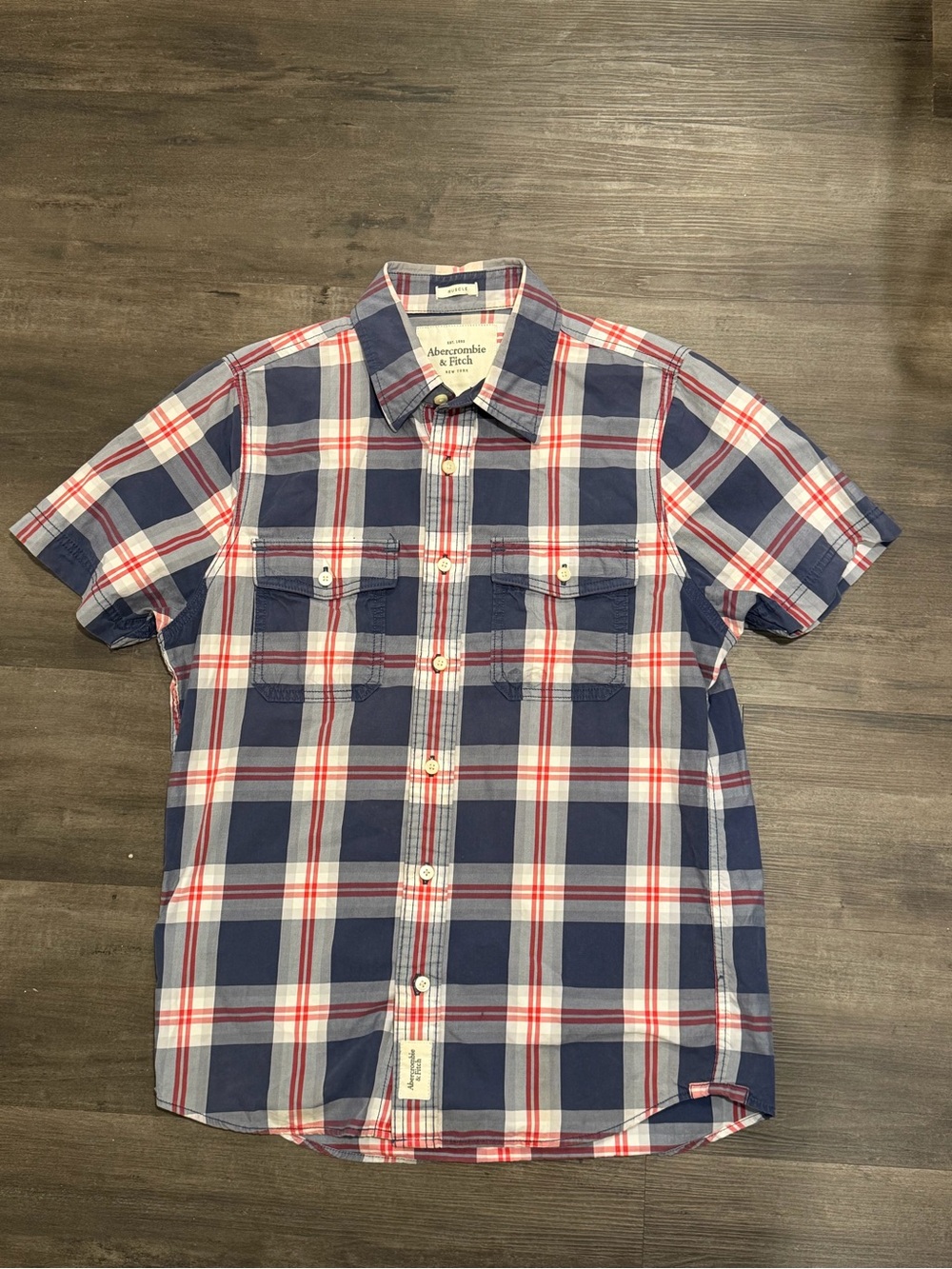 Abercrombie & Fitch Men’s Muscle Fit Short Sleeve Plaid Shirt - Blue/Red/White L